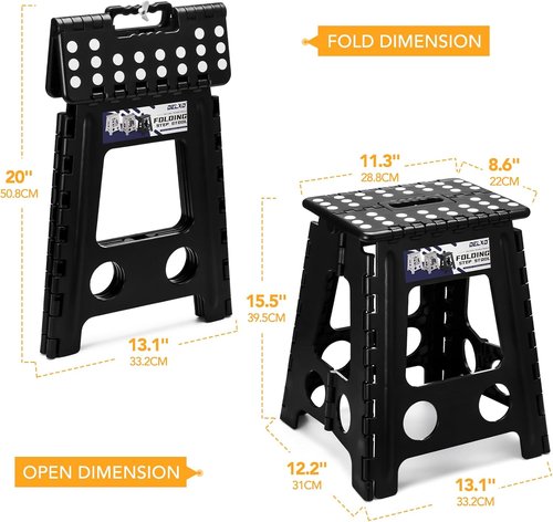 Delxo 16 Inch Folding Step Stool - Portable Collapsible Design with Safety Lock | Non-Slip, Black, Supports Up to 400LBS