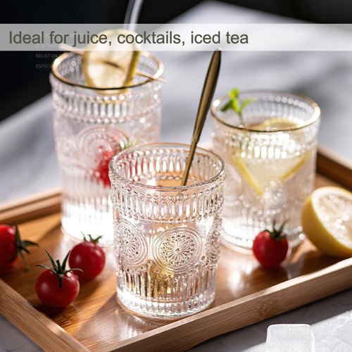 Kingrol 6 Pack SMALL 9 oz Drinking Glasses, Vintage Embossed Tumblers for Juice, Cocktails, Iced Tea