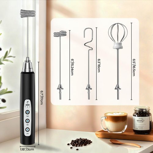 Colarlemo Milk Frother Handheld Rechargeable, Frother Wand Drink Mixer Electric Whisk for Coffee, Detachable With 3 Stainless Whisks, Hand Mixer for Lattes, Cappuccino, Matcha, Egg, No Stand,Black