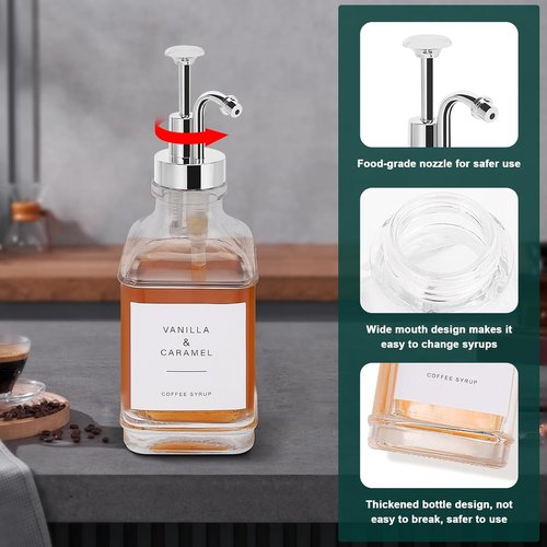 Coffee Syrup Dispenser Set by [Brand Name] - Clear Glass Bottles with Pump for Coffee Bar | 500ml, Chrome Finish