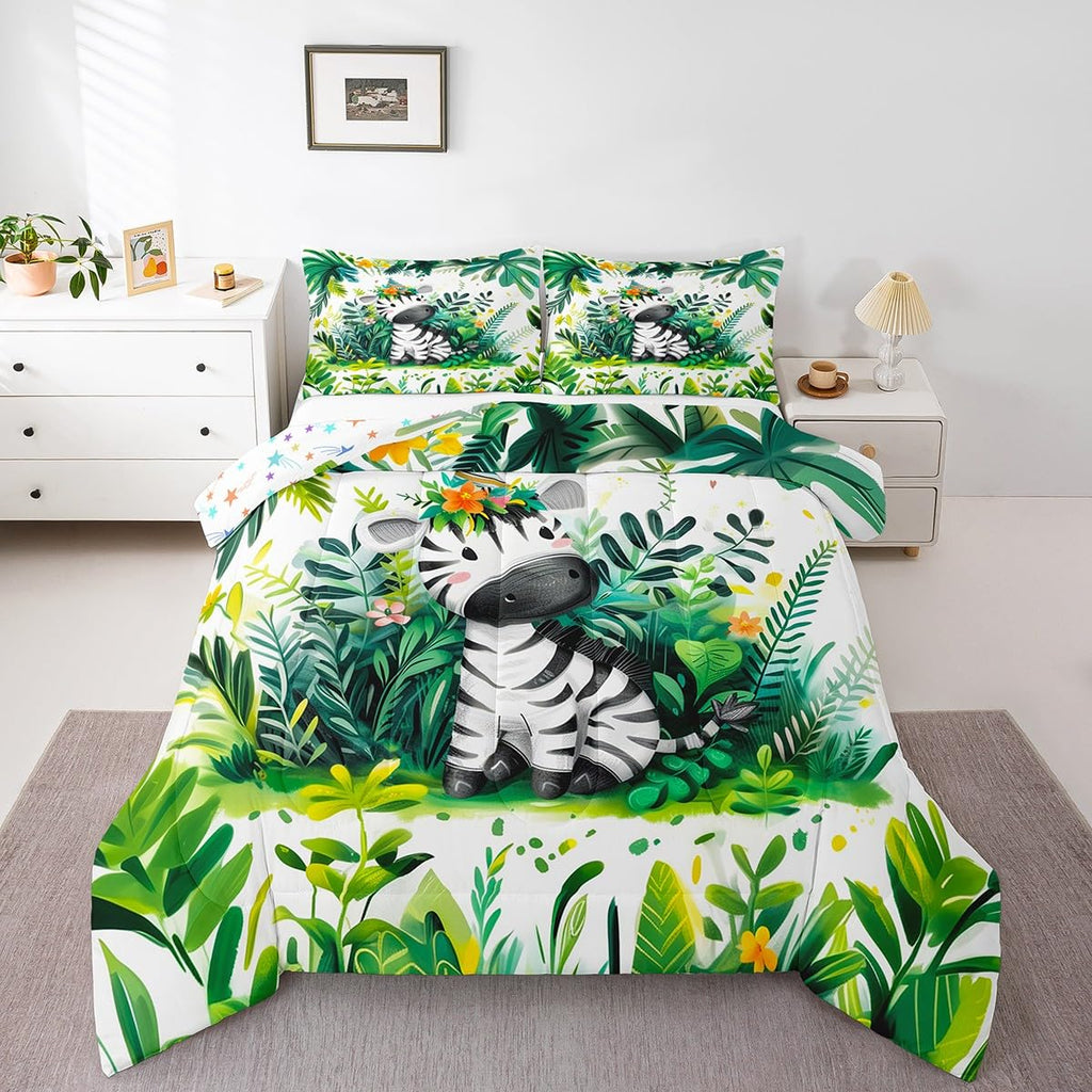 Feelyou Zebra Bedding Set Twin Size Zoo Animals Comforter Set for Kids Cartoon Animal Comforter Women Men Teens Ultra Soft Decor Cute Animals Botanical Tree Wildlife Duvet Set