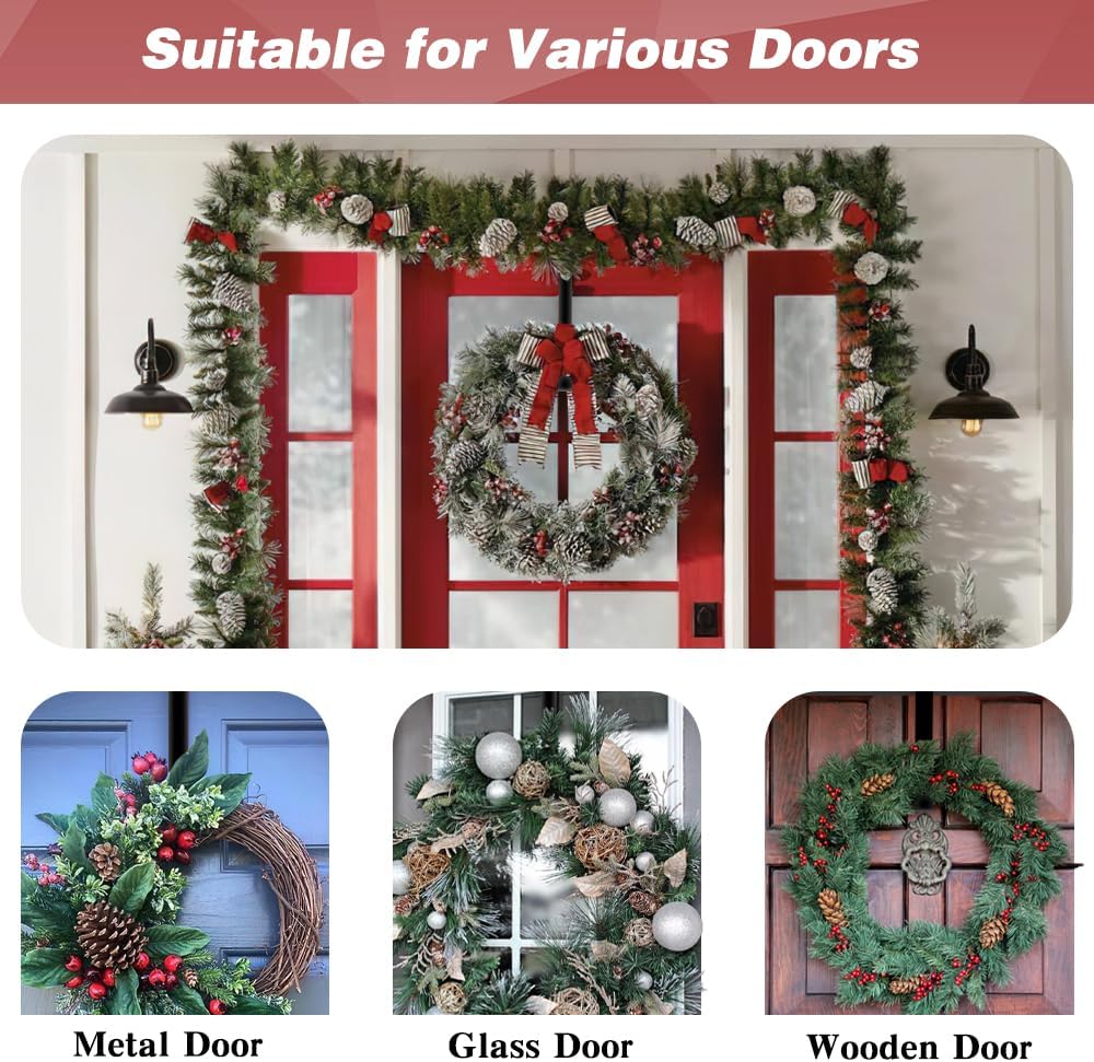 Skiennix Wreath Hangers - 15 Inch Black Metal Over The Door Hooks | 2 Pack for Seasonal Decor