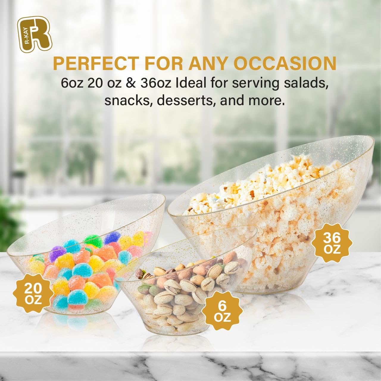 R-kay 6 Pack Gold Glitter Angled Candy Bowls - Large Gold Plastic bowls - Premium Plastic Serving Bowls Heavy Duty For Weddings Catering, parties, And All Occasions.