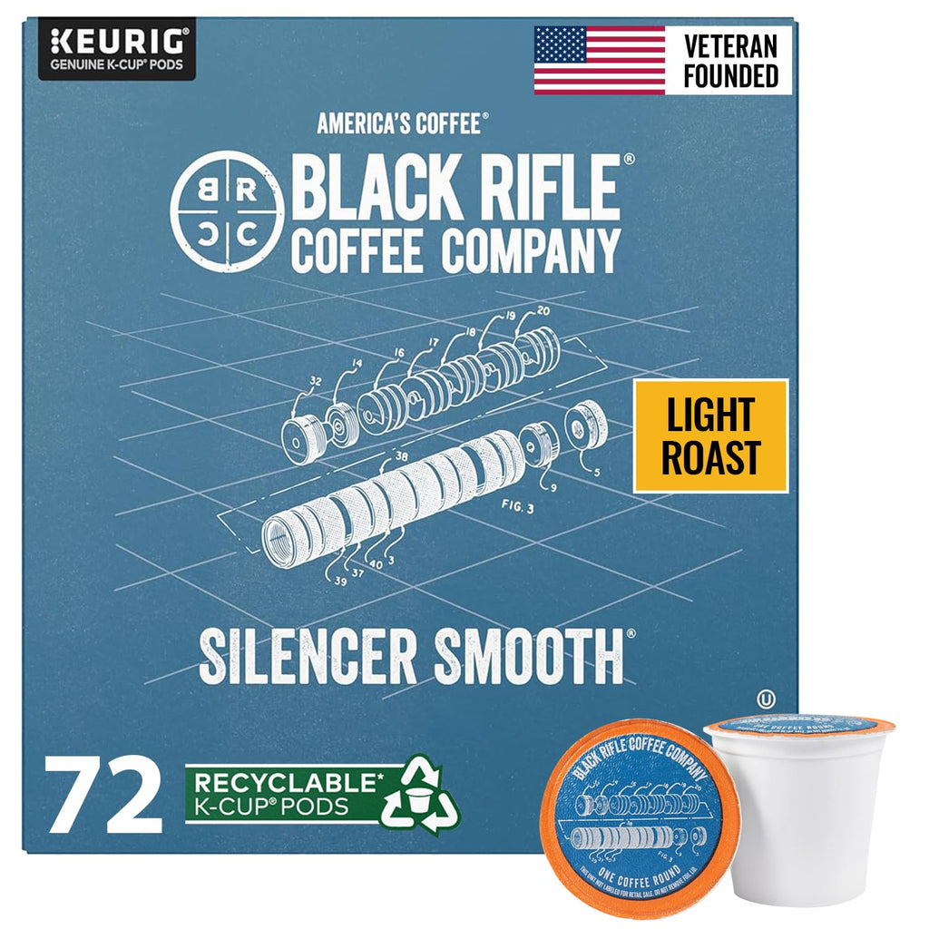 Black Rifle Coffee Company Light Roast K Cups - Single Serve K Cups Coffee Pods - Kcup Pods Compatible with 1.0 & 2.0 - Made from Pure Arabica Beans (Silencer Smooth, 6 Pack -72 Count)