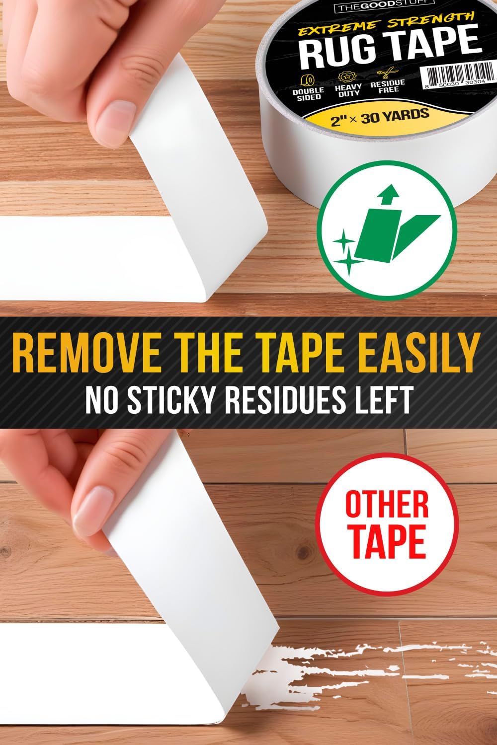 The Good Stuff Double-Sided Carpet Tape - Heavy-Duty Non-Slip Rug Gripper | 2"x10yd, No Residue, Easy Removal