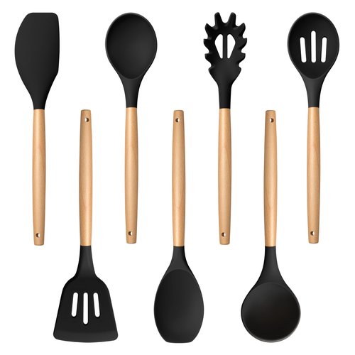 TeamFar Cooking Utensils Set of 7, Silicone Kitchen Utensils Set with Wooden Handles, Heatproof Kitchen Tools for Cooking Turning Serving, Non-stick Cookware Safe, Non-toxic & Non Scratch– Black