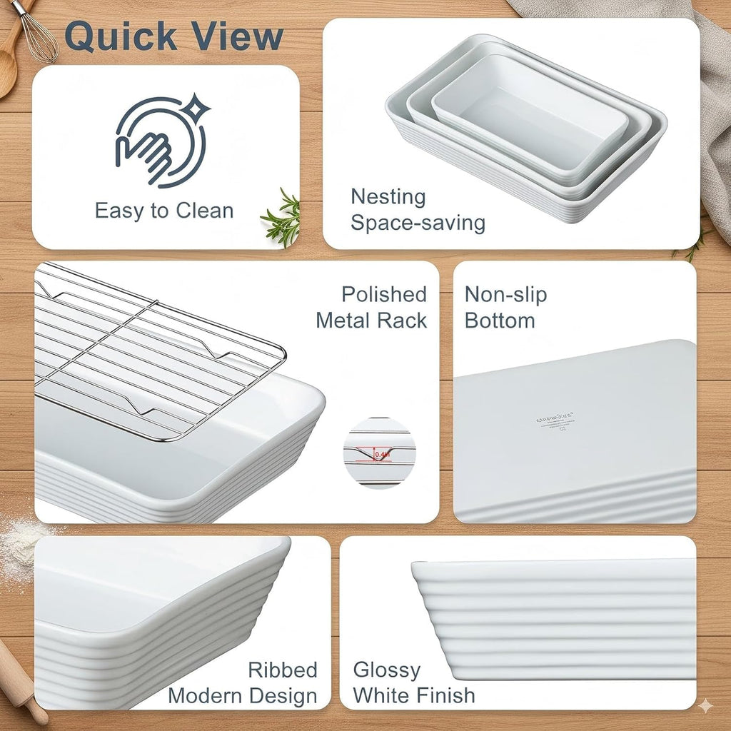 ONEMORE Baking Dishes - Large 9x13 Ceramic Casserole Set with Roasting Racks | 3QT, 2.1QT, 1.3QT Sizes