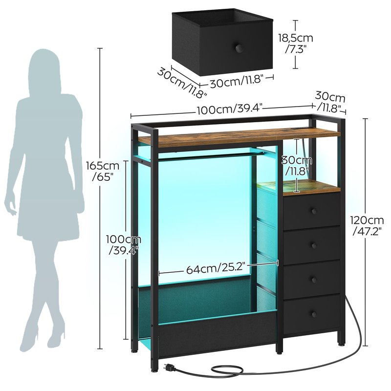 YATINEY Bedroom Dresser with Clothes Rack, 4 Drawer Dresser with Charging Station and LED Light, Chest of Drawers for Bedroom, Closet Organizer with Hanging Rack and 2-Tier Shoe Rack, Rustic Brown