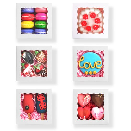 RomanticBaking 51PCS 5x5x2 Inch Bakery Boxes,Cookie Boxes with Window, Pastry Boxes for Macaroon Dessert Cupcake Donut Pastry Muffins