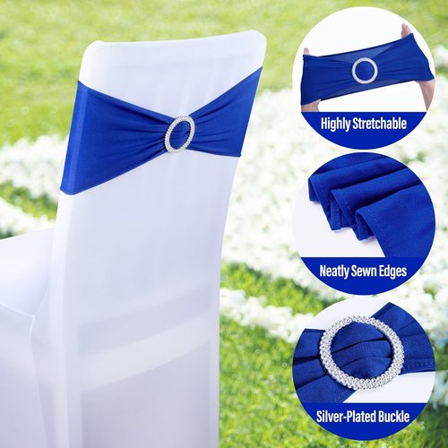 LEBENGURU Royal Blue Chair Sashes - 30pcs Premium Stretch Bows with Buckle Slider for Weddings & Events