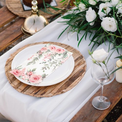 FYSUIMU Floral Guest Napkins - 100 Pcs Greenery Design with Roses & Eucalyptus | Disposable Paper Towels for Events