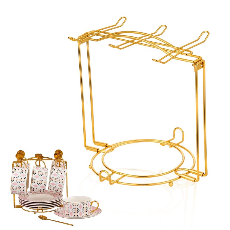 CHILDIKE Teacups and Saucers Display Stand, Tea Cup Holder, Metal Foldable Storage Rack for Espresso and Cappuccino Cup - Gold