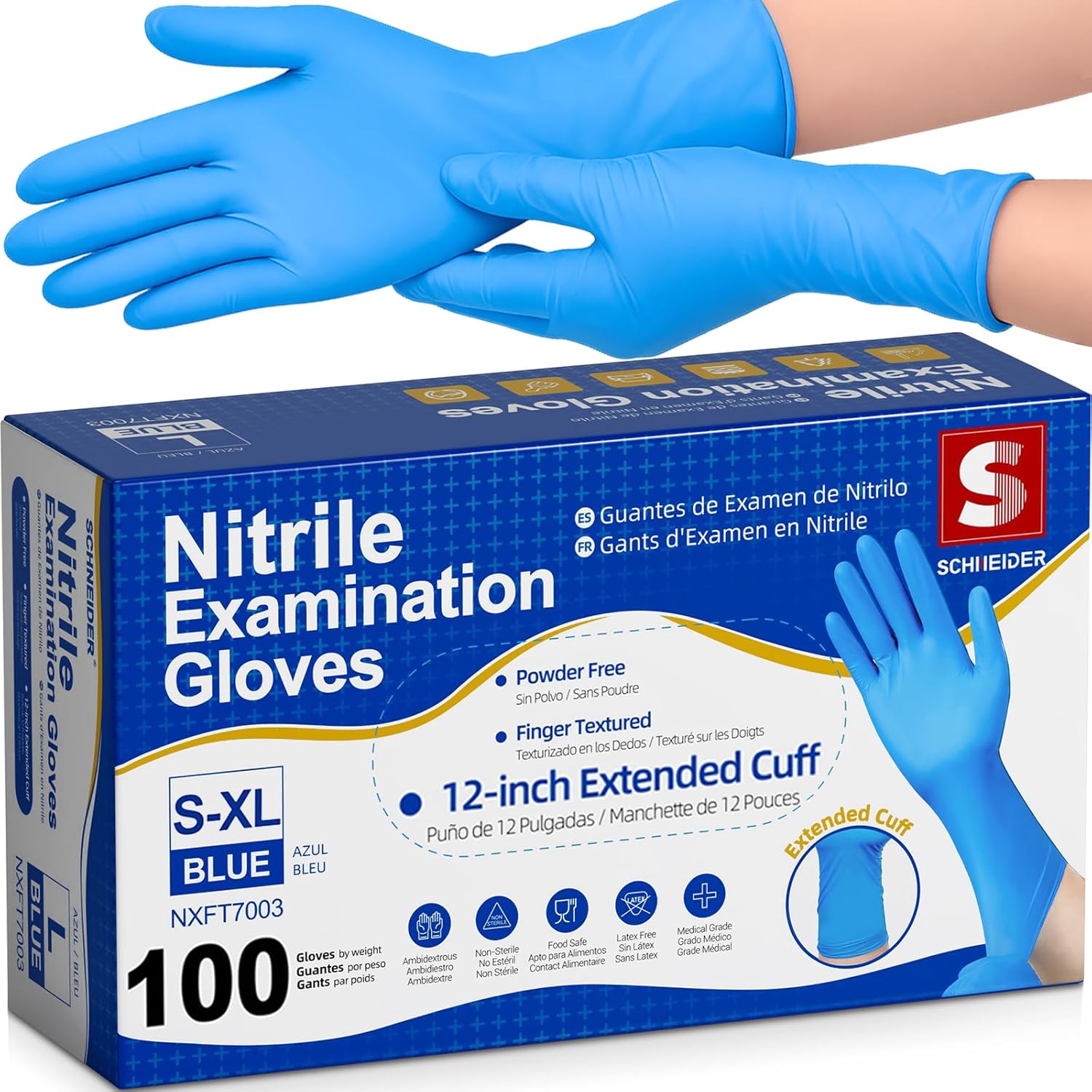 Schneider Nitrile Exam Gloves - Extended 12-Inch Cuff, Medium, 100-Count | Latex-Free, Powder-Free, Blue