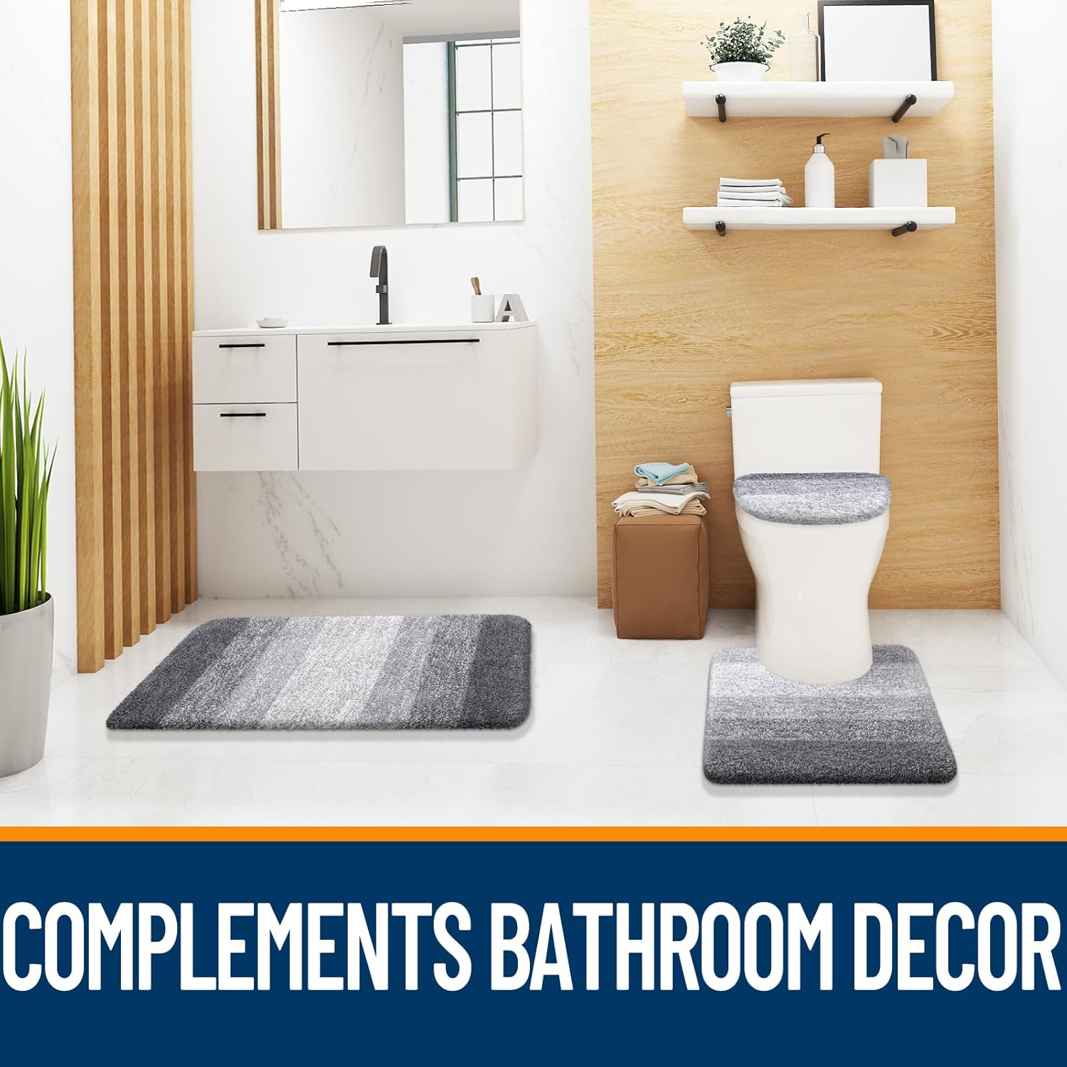OLANLY Ombre Bath Rug Set - Soft Grey Bathroom Rug (30x20) & Toilet Lid Cover (17.5x15) Bundle