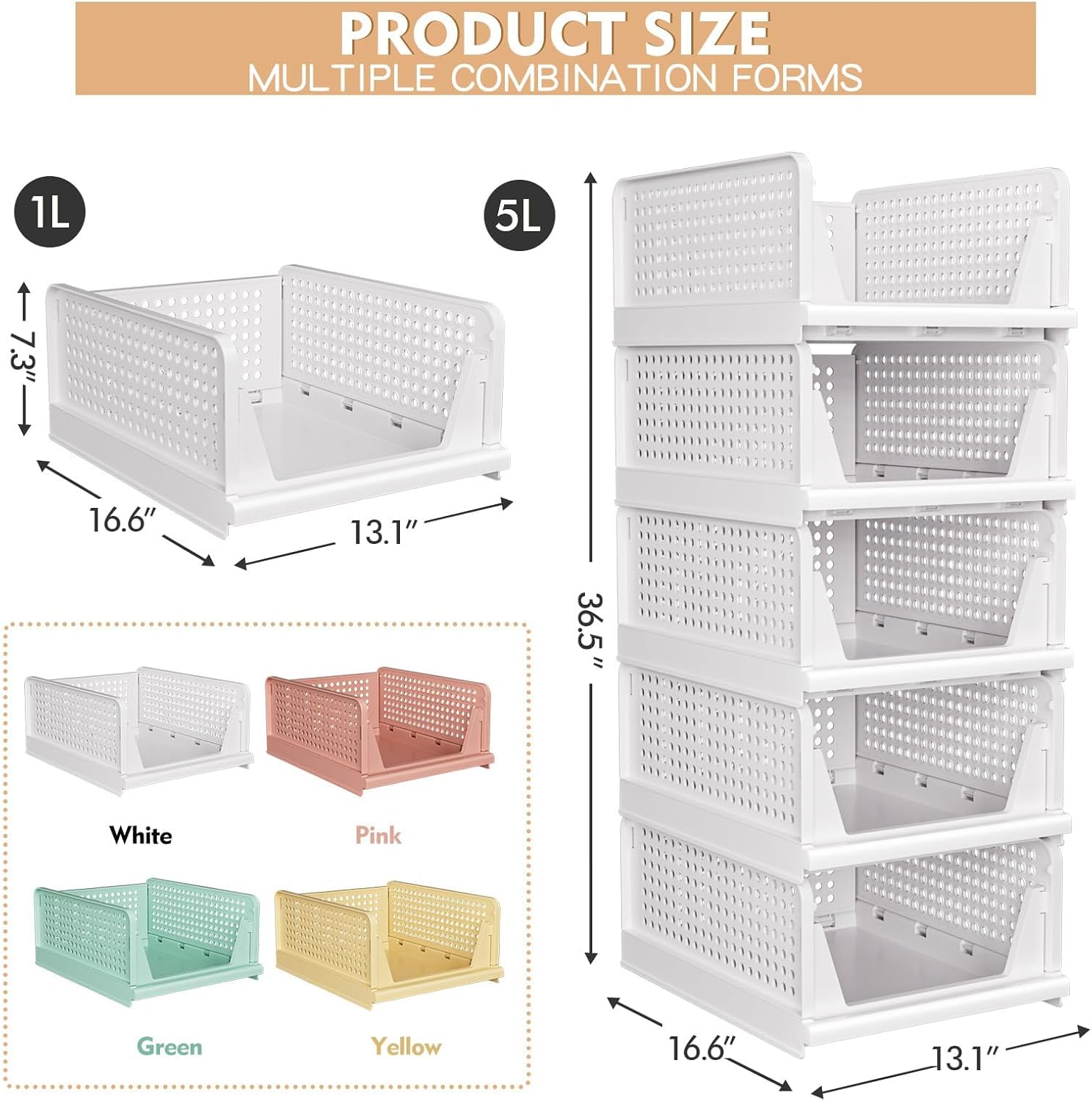 Stackable Closet Storage Baskets by [Brand Name] - Multifunctional & Foldable Organizer | Waterproof, White, 5-Pack