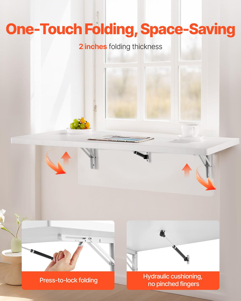 VEVOR Wall Mounted Folding Table, 43.3 x 18 inches Wall Mount Table, Floating Desk with Iron Bracket, Fold Down Desk for Small Spaces, Home Office, Dining, Laundry Room, Kitchen, Bar, White