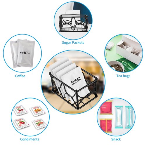 DLUGOPIS 4 Pieces Black Metal Sugar Packet Holder Tea Bag Organizer Sugar Caddy Holder Small Sugar Container Coffee Creamer Holder Tea Bag Caddy Holder for Coffee Bar Kitchen Home