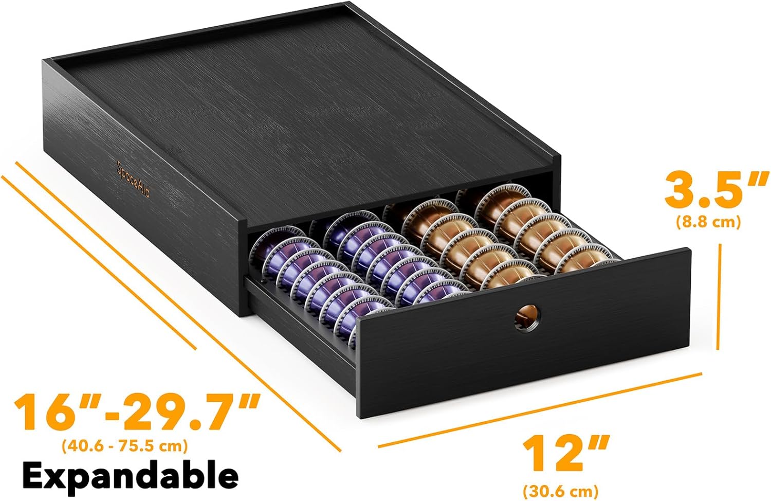 SpaceAid Bamboo Coffee Pod Holder - Stylish Drawer Organizer for Nespresso Vertuo | Holds 40 Big or 56 Small Pods (Black)