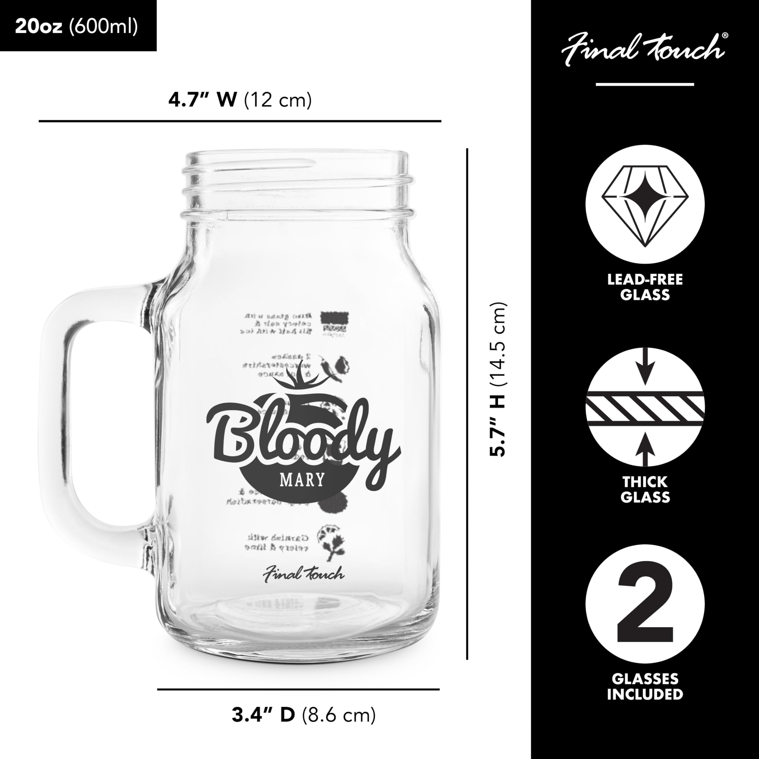 Final Touch Bloody Mary Mason Jar Glasses - Set of 2 | Vintage Style with Complete Recipe Guide | Thick Glass with Handle for Perfect Cocktails (GG5205)