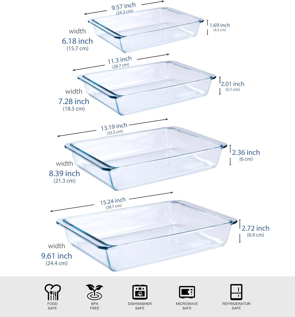 Tempered Glass Baking Pan Set by Basic - 4-Piece Oven & Microwave Safe | 1L, 1.7L, 2.8L, 4.2L Sizes