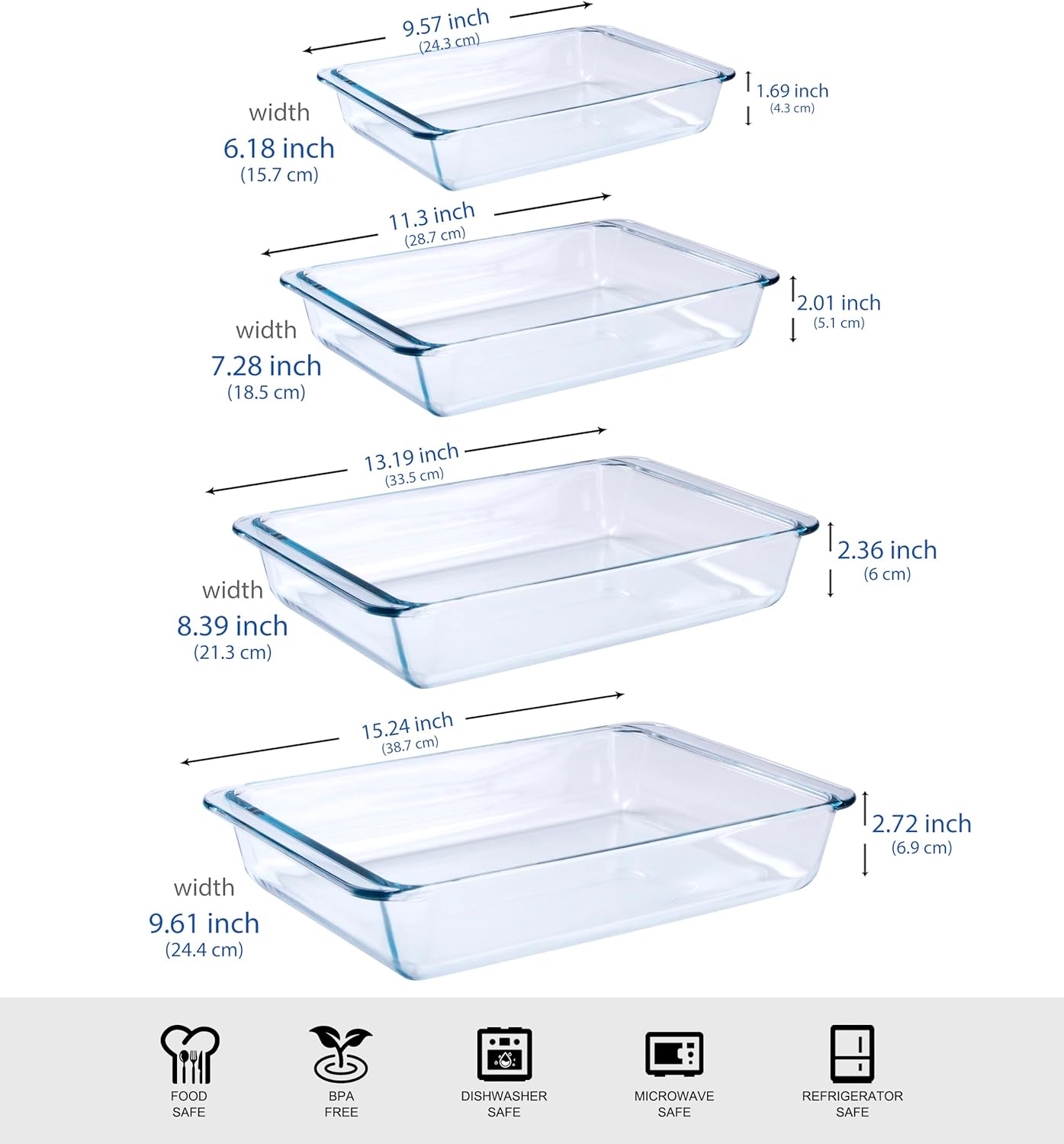 Tempered Glass Baking Pan Set by Basic - 4-Piece Oven & Microwave Safe | 1L, 1.7L, 2.8L, 4.2L Sizes
