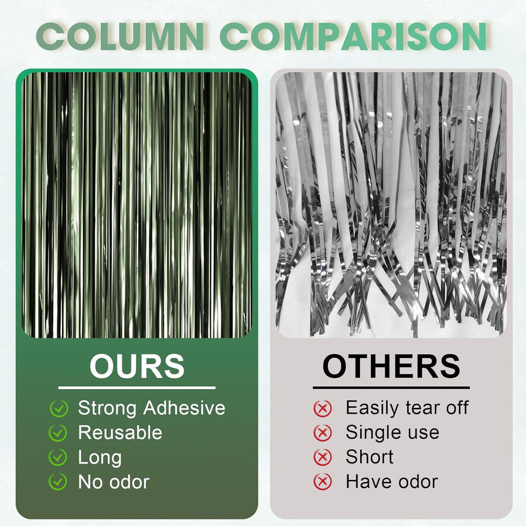 Voircoloria Matte Green Foil Fringe Backdrop Curtains - 3 Pack Tinsel Streamers for Parties & Events