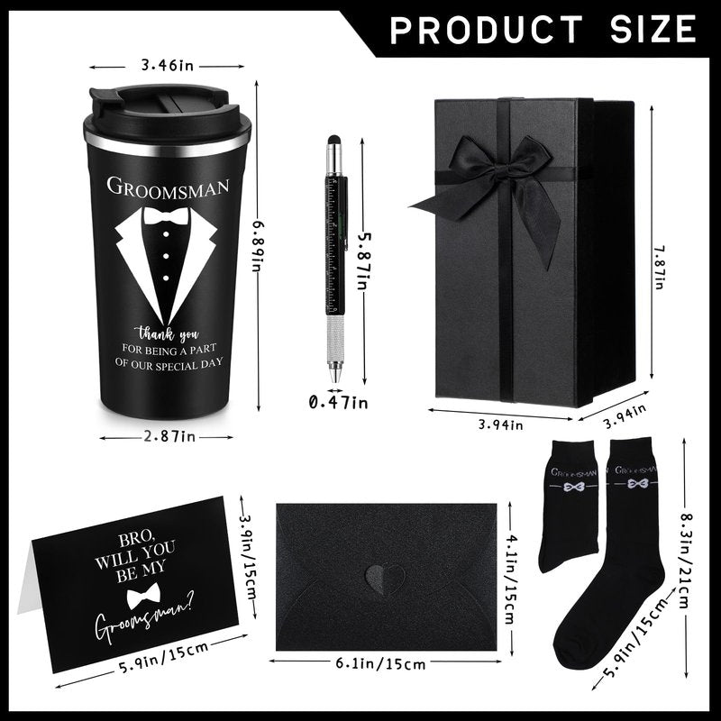 Nuanchu 6 Pcs Groomsmen Officiant Gifts Wedding Proposal Gift for Best Man Groomsman 17 Oz Coffee Cup Tumbler Socks Multi Tool Ballpoint Pen with Greeting Card Envelope(Black)