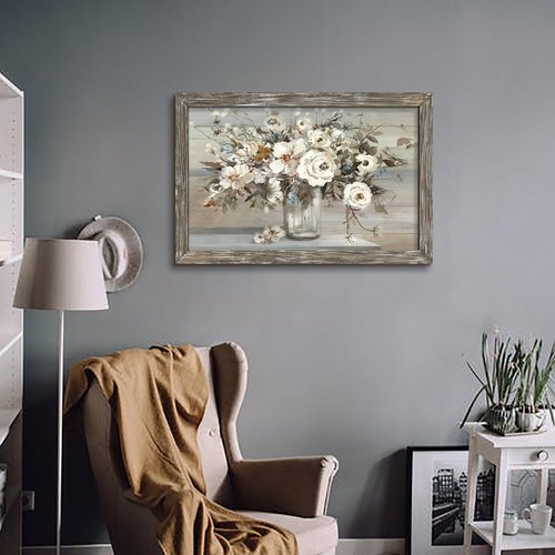 Rose Bouquet Framed Wall Art - Brown Rustic Flower Painting Abstract Floral in Vase Picture Botanical Prints Wooden Artwork for Bedroom Farmhouse
