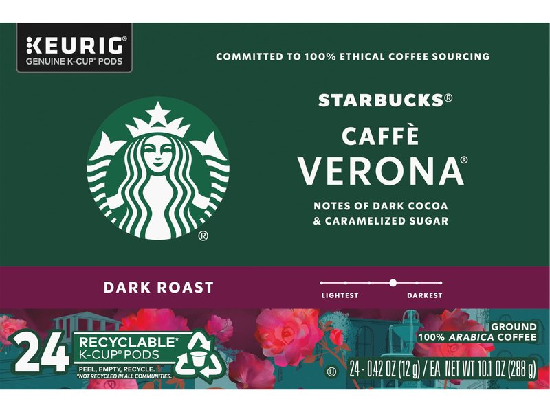 Starbucks Coffee K-Cup Pods, Caffè Verona, Dark Roast Coffee, Notes of Dark Cocoa & Caramelized Sugar, Keurig Genuine K-Cup Pods, 24 Count (Pack of 2)