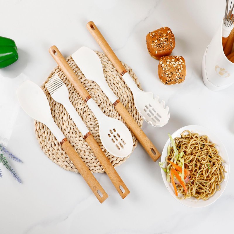 Jiufei Home 13-Piece Silicone Kitchen Utensils Set, Wooden Handle Nonstick Cooking Tools with Spatula Turner Tongs Ladle, Heat Resistant 450°F BPA-Free Dishwasher Safe Cookware Accessories (White)