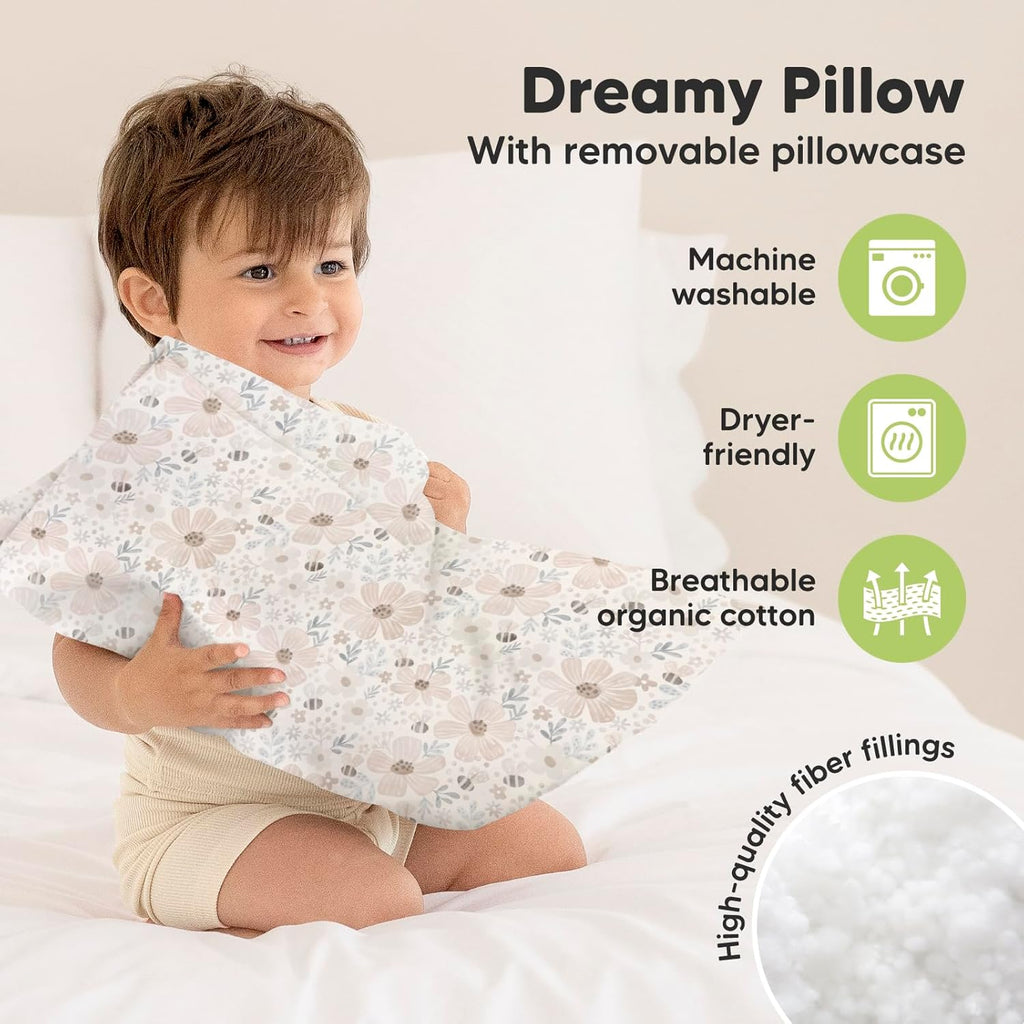 My Little Dreamy Toddler Pillow - Organic Cotton Travel Bed Pillow with Soft, Breathable Case | 13x18 Inches for Ages 2-5 (Flora Vale)