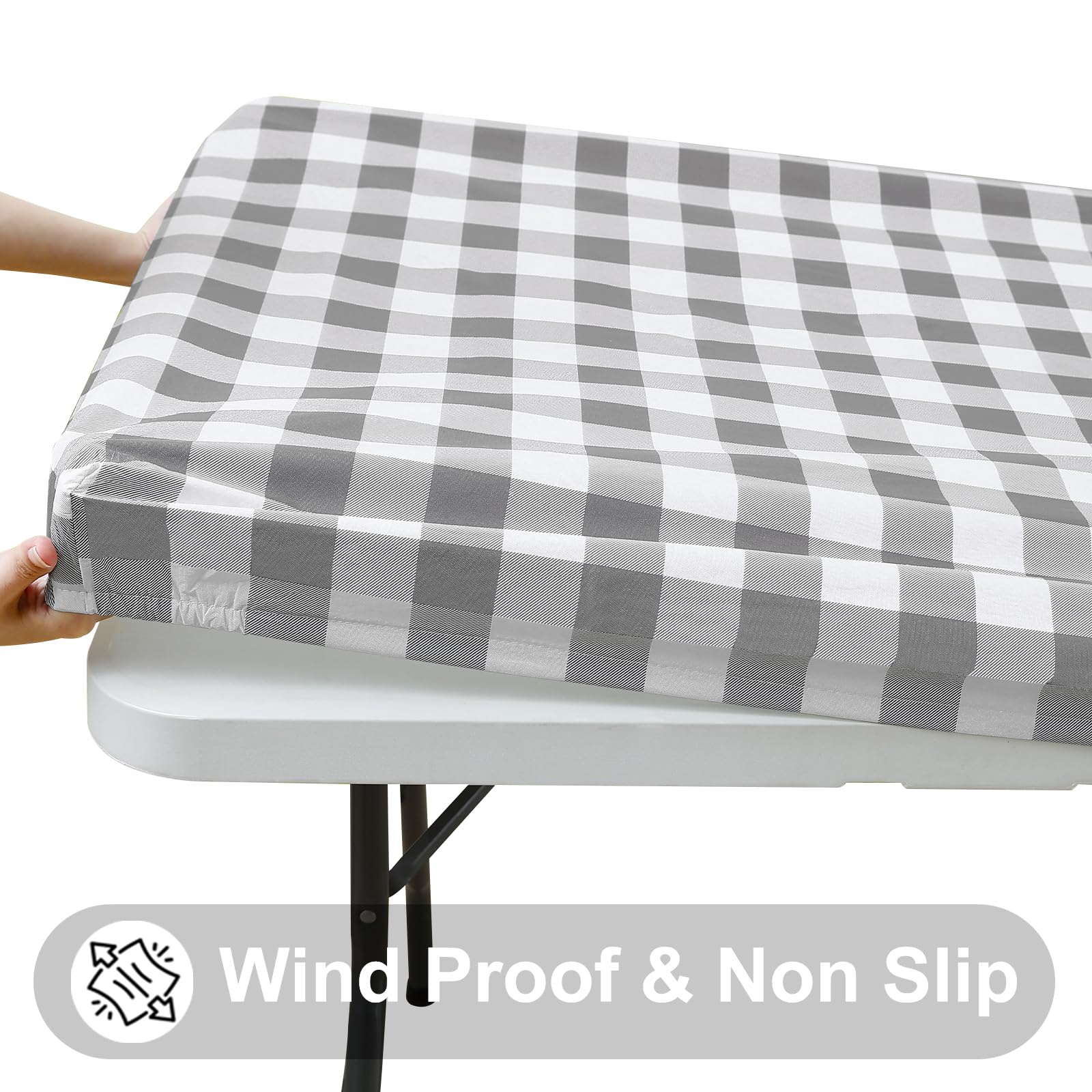 Smiry Rectangle Picnic Table Cloth, Elastic Waterproof Fitted Vinyl Tablecloths, Flannel Backed Buffalo Plaid Table Covers for Dining, Camping, Outdoor (White and Grey, 30" x 72")