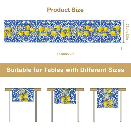 UEQIKI Blue Tiles Lemon Table Runner for Home Party Decorations Seasonal Summer Washable Kitchen Dining Table Decor for Birthday Party Coffee Table Family Dinners Holiday Wedding 13x72 Inch