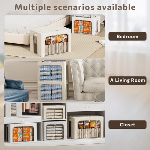 FHSQX 6 Pack Clothes Storage Bins with Metal Frame Foldable Storage Bins for Clothes Linen Fabric Storage Box with Clear Window (Lvory White, 15.7x11.8x7.8inch(22L))