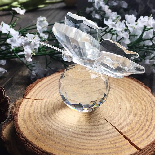 H&D Crystal Butterfly Figurine - Elegant Cut Glass Ornament with Crystal Ball Base | Clear Collectible