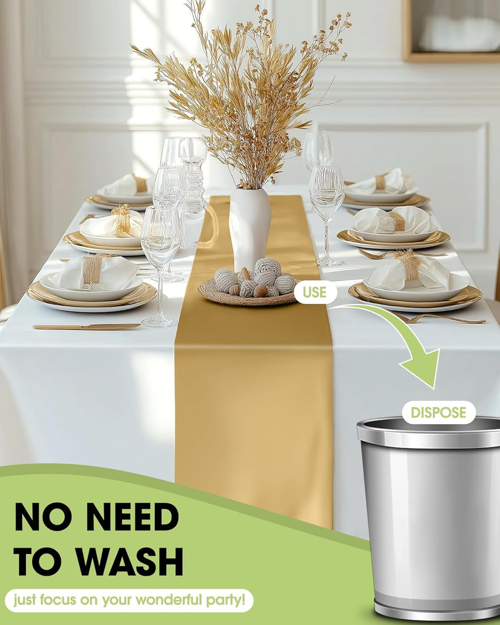Pureegg Gold Plastic Table Runners - Water-Resistant 14'' x 108'' Disposable Decor for Weddings & Parties