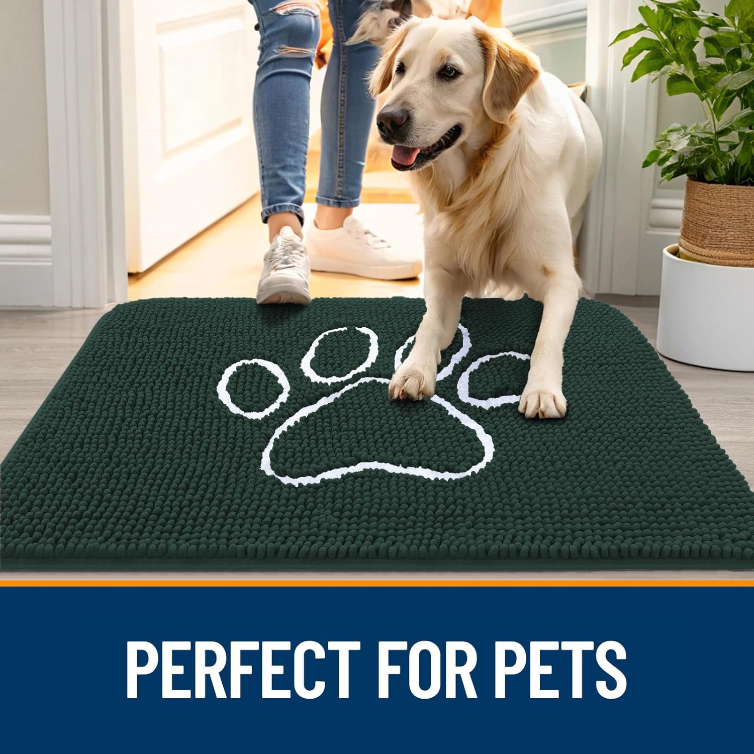 OLANLY Dog Door Mat - Absorbent Non-Slip Mud Mat for Muddy Paws | 59x24, Quick Dry Chenille, Blackish Green