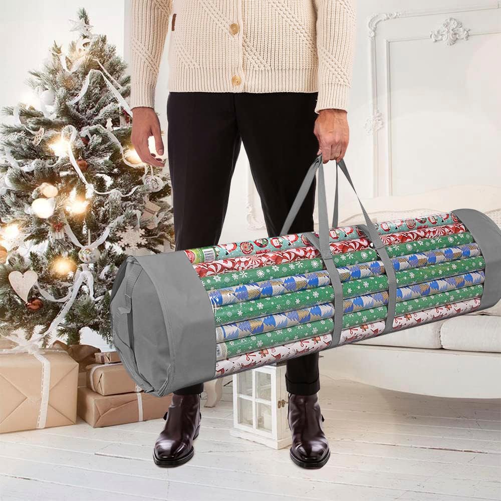 ProPik Wrapping Paper Organizer - Heavy Duty Storage Bag for 24 Rolls, Fits 40-Inch Long Wraps | Gray & Clear