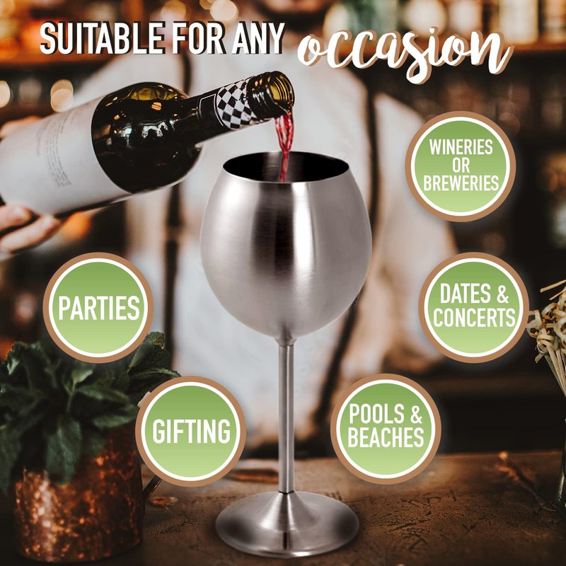 Deco Unbreakable 12 Oz Stainless Steel Wine Glasses (4 Pack)- Large Stemmed Matte Silver Wine Goblets - Reusable Indoor Outdoor Drinkware - Keeps Wine Chilled Longer - Great for Summer Pool Parties