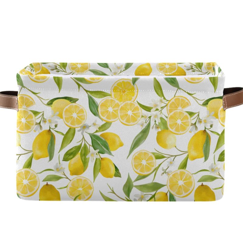 MNSRUU Storage Basket Lemon Floral Collapsible Organizer Basket with PU Handles, Waterproof Nursery Laundry Basket Large Capacity