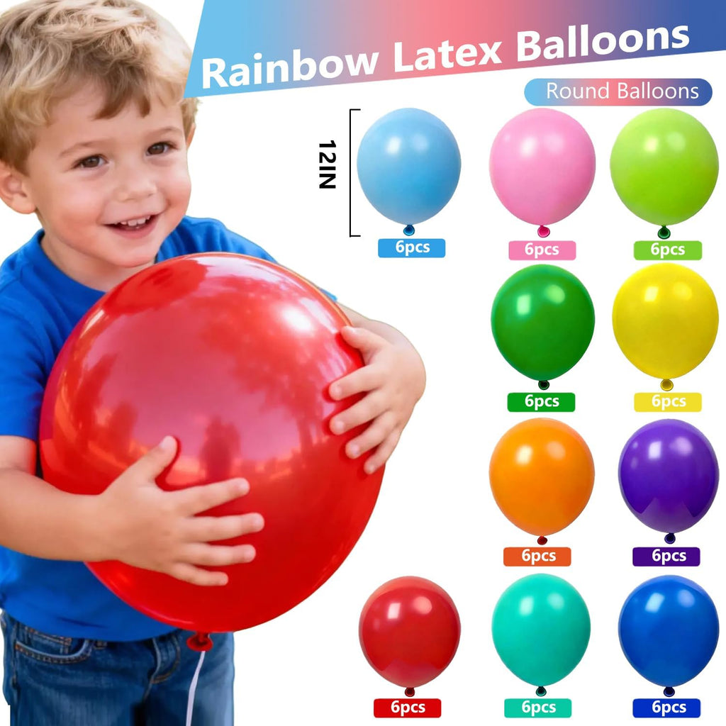 XNUT Assorted Rainbow Latex Balloons - 120 Pack of 12-Inch Round & 60-Inch Long Helium Balloons for Birthday & Wedding Decorations