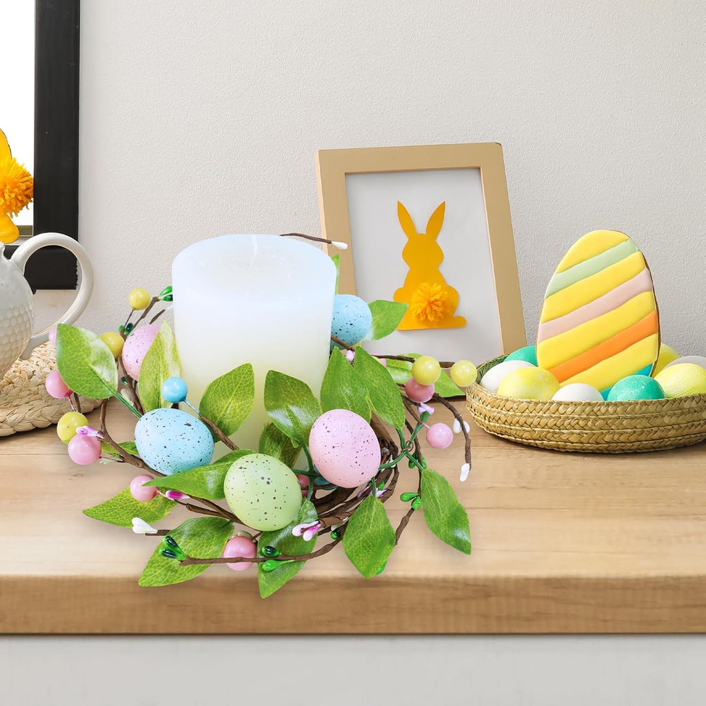 Winlyn Easter Egg Candle Rings - 4 Pcs Spring Wreaths with Pastel Eggs & Berries | 11" Holiday Decor