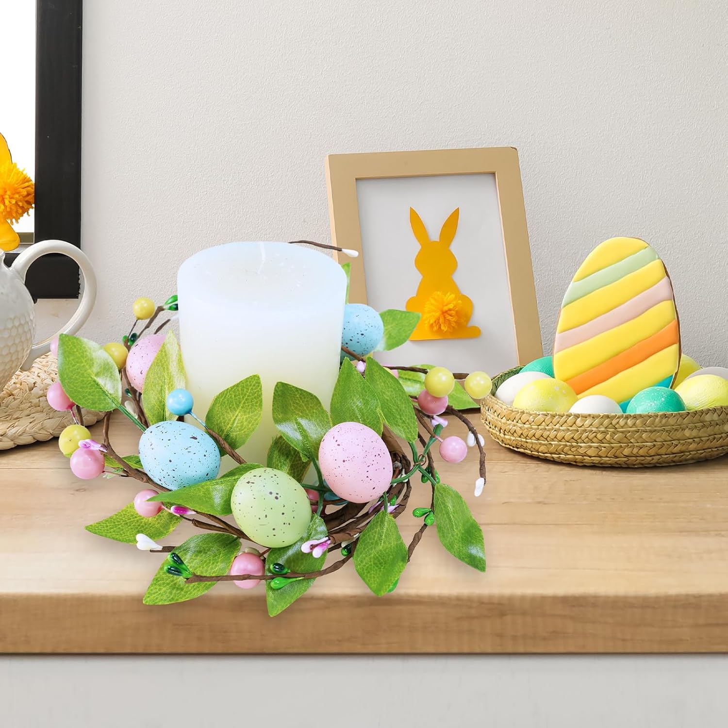 Winlyn Easter Egg Candle Rings - 4 Pcs Spring Wreaths with Pastel Eggs & Berries | 11" Holiday Decor