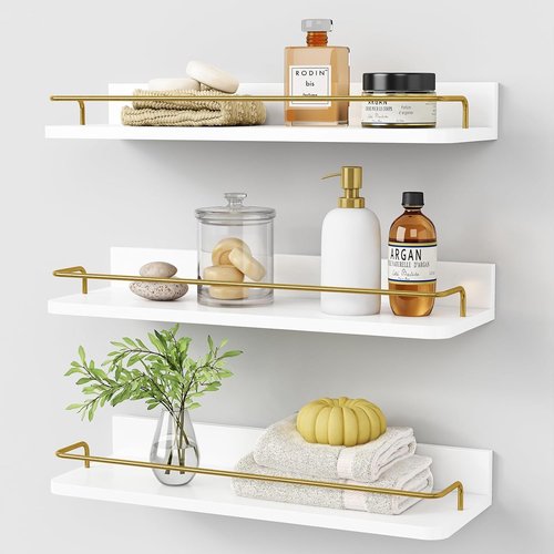 Forbena Gold Floating Shelves - Modern Wall Decor Set of 3 with Guard Rail | White and Gold Finish
