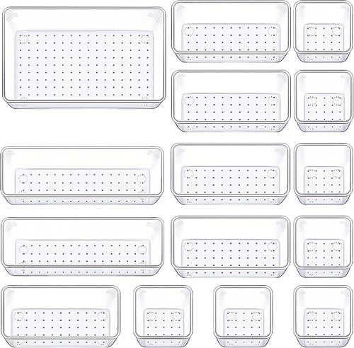 Manalete Drawer Organizers - Set of 15 Clear Plastic Storage Bins for Kitchen, Bathroom & Office