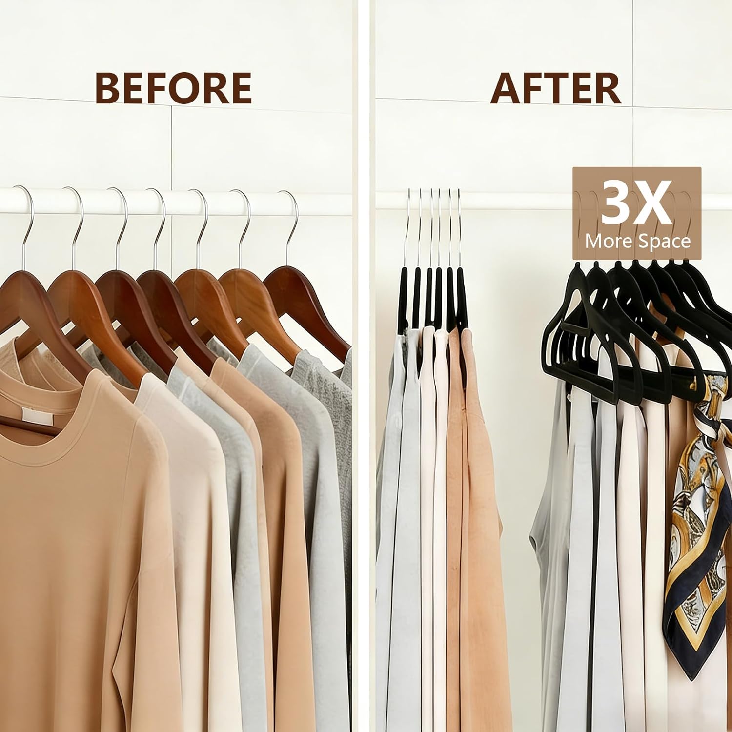 Skiennix 50-Pack Slim Velvet Hangers - Heavy-Duty Non-Slip Design with 360° Rotating Silver Hook | Black