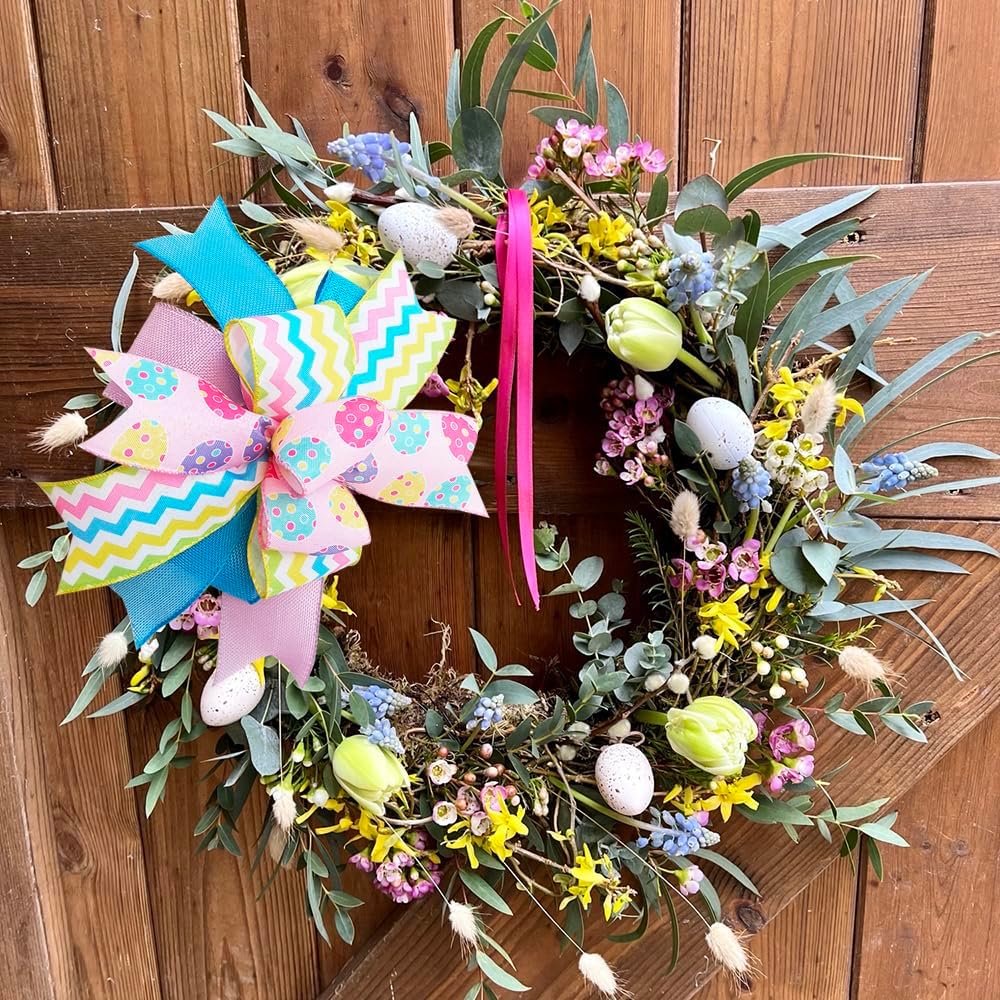 Skiennix Easter Wreath Bow - Pre-Tied Striped Wired Ribbon for Spring Decor | 10x12 Inch