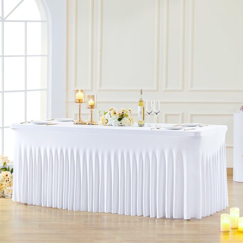 Besutolife White Tablecloths for Rectangle Tables 6ft Spandex Table Skirt One-Piece Wrinkle-Resistant Ruffles Design for Banquets Parties Wedding Dining Table