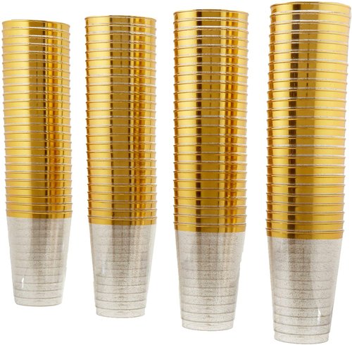 12oz Hard Plastic Party Cups – Perfect for Home, Office, Bars, Weddings, Showers, Birthdays, Anniversaries, and Parties Durable & Stylish Old Fashioned Tumblers (Gold Glitter with gold rim, 50 Pack)