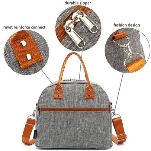 FlowFly Insulated Lunch Bag With Shoulder Strap for Women, Men, and Kids, Large and Reusable, Handle, Freezable Work and School Travel Tote and Meal Prep Organizer,Grey